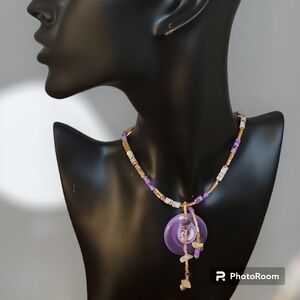 HANDMADE Boho Purple Acrylic Beaded Faux Stone Pendant Necklace